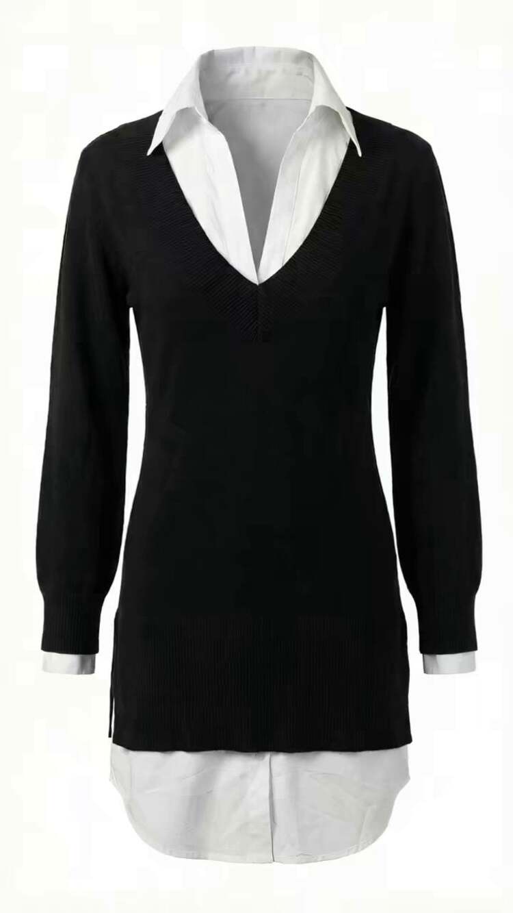 Hard Worker Sweater Shirt Mini Dress - Black/White